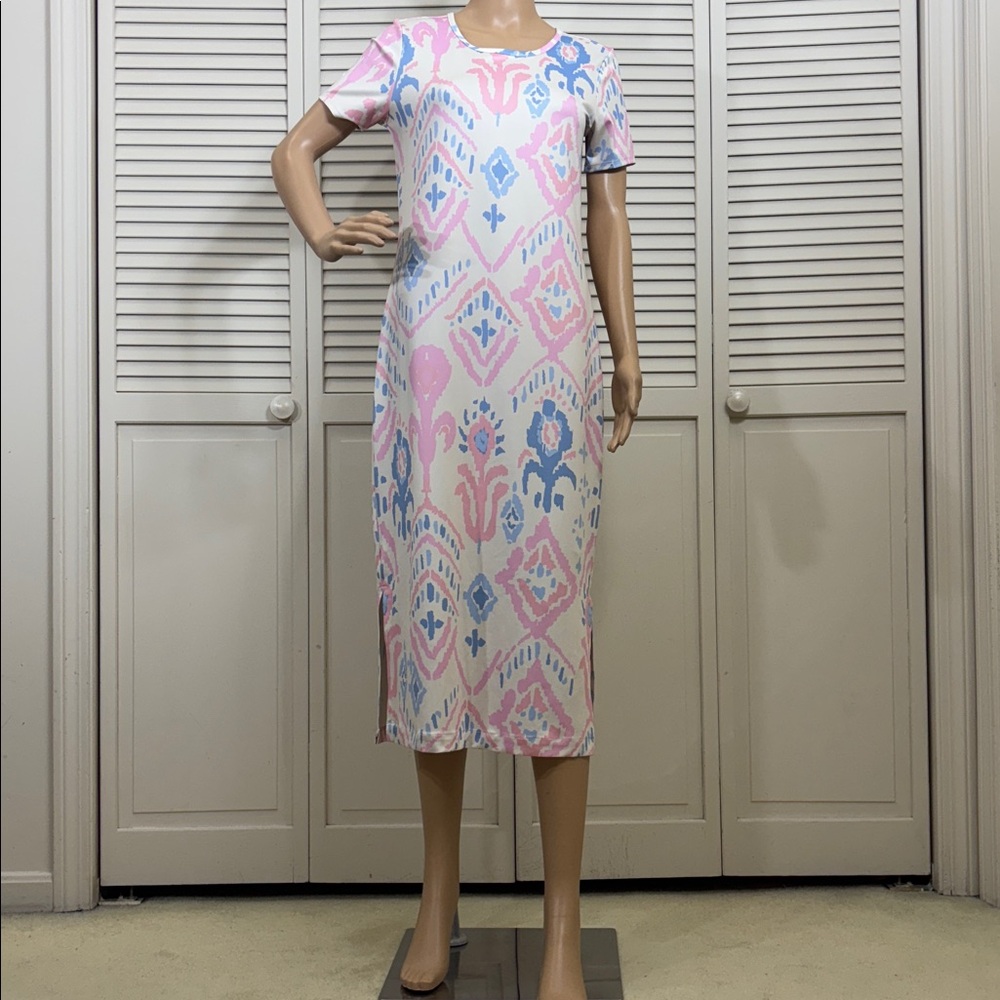 Dudley Stephens Pink and Blue Midi Print Side Slit Dress XS